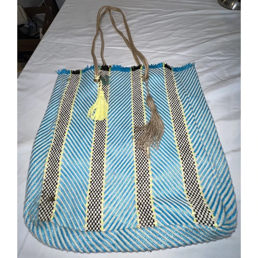 Boho Blue, Yellow and‎ Black Striped Tote Market Bag